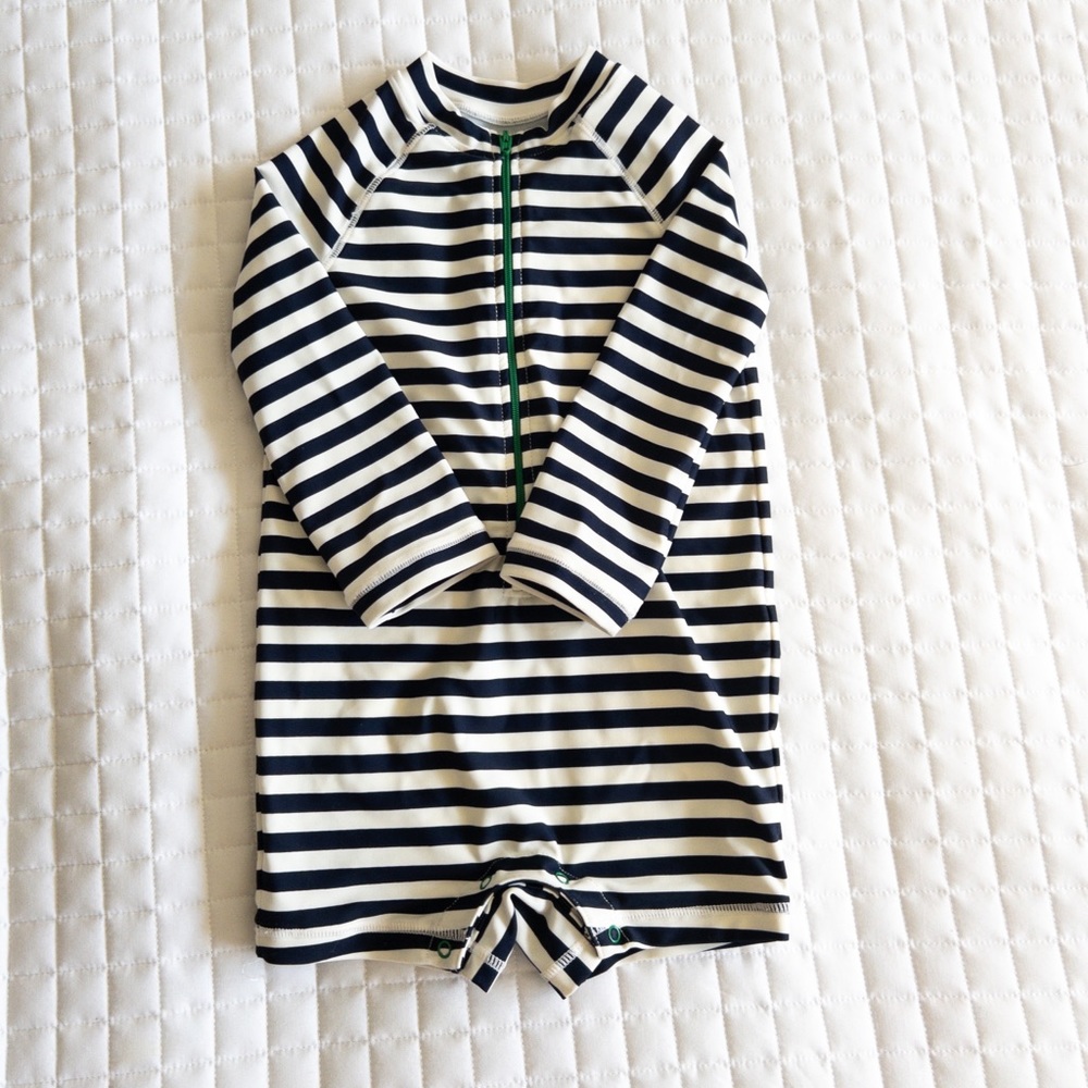 Primary Baby one-piece rash guard in navy stripe, 18-24 mo